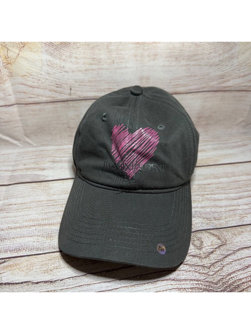 NEW Yves Saint Laurent Hat Charcoal Gray Pink Heart Adjustable